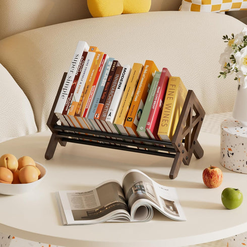 Desktop Bookshelf Organizer, Wood Office Tabletop Book Storage Rack, Tilting Bookcase for Books/CDs/Magazine Display