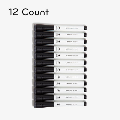 U Brands Fine Tip Dry Erase Markers, Low Odor Whiteboard Markers with Eraser, Black, Set of 12