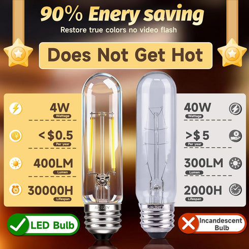 T10 Bulb Dimmable Bulb E26 4W 40 Bulbs 2700K 400LM, 2 Pack LED Tubular Light Equal Watt Long Edison Light Warm White