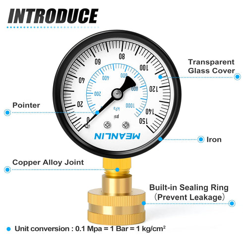 MEANLIN MEASURE 0-150psi Water Pressure Gauge, 3/4" Female 2.5" Face Dial with Sealing Ring