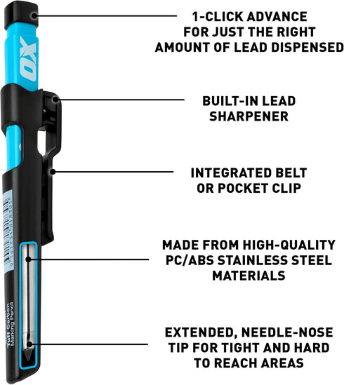 Set 2.8mm OX Tools Carpenter Pencils Mechanical Heavy Duty Construction Pencil with Lead, Belt Clip, Sharpener