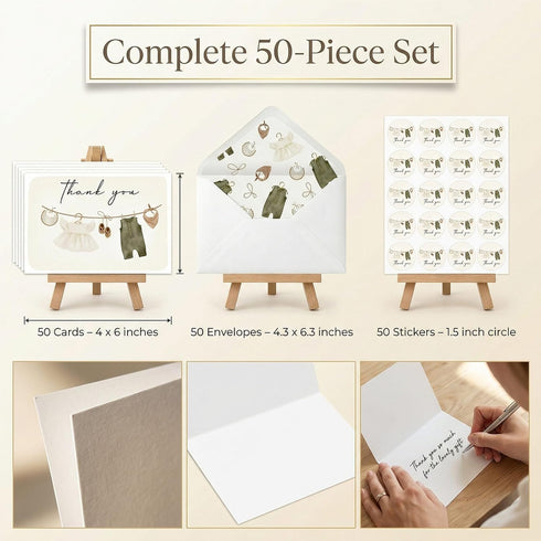 Loyoot 50 Pack Neutral Baby Shower Thank You Cards with Envelopes Stickers, Blank Note Baby Cloth Thank You Notes