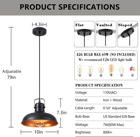 10.5 Inch 71'' 1 Pack Industrial Pendant Light, Farmhouse Small Black and Gold Chandelier, Vintage Hanging Light
