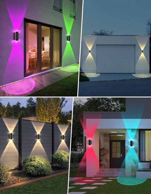 8 2 Solar Fence Lights Outdoor, Warm White & RGB Modes Solar Wall Lights Outdoor Waterproof, Up&Down Dual-Head Outdoor