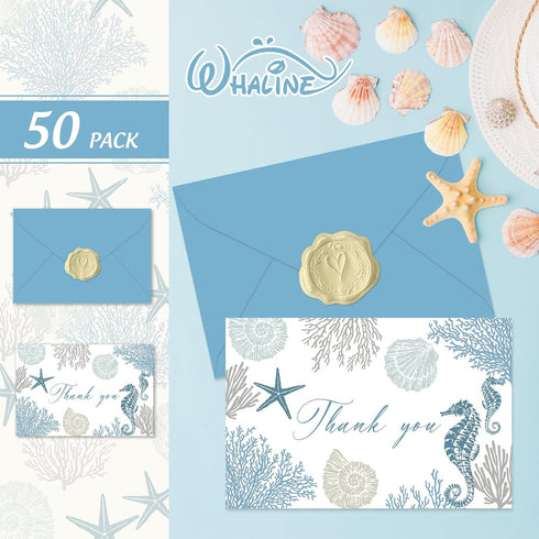 50 Summer 4 6 Inch Whaline Pcs Ocean Sea Thank You Cards Blue Coral Seashell Greeting Card with Envelope Sticker Blank