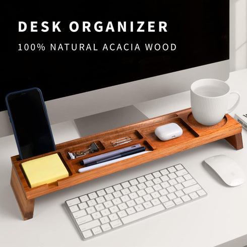 Natural Wood Desk Organizer, Multi-Compartment Wooden Organizers for Home, Office, Cubicle Accessories, Pencil Storage
