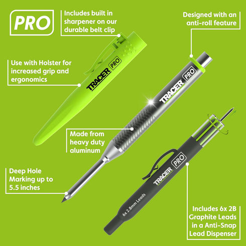 Set 6 Tracer Pro Aluminum Deep Hole Construction Pencil - Durable Mechanical Carpenter Pencils with Sharpener