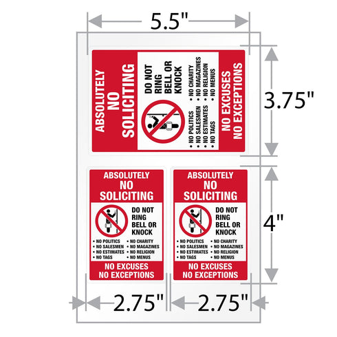 SmartSign No Soliciting Stickers, Pack of 3, One 3.75"x5.5" & Two 2.75"x4", No Excuses No Exceptions, Made in USA