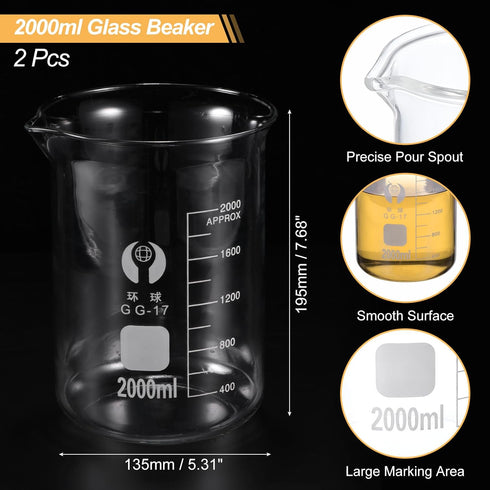 PATIKIL 2000ml Low Form Glass Beaker, 2 Pack, 3.3 Borosilicate Glass Graduated Measuring Cups with Spout