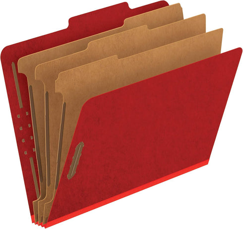 Pendaflex Pressboard Classification File Folders, 3 Dividers, 2" Fasteners, 2/5 Tab Cut, Letter Size, Bright Red, Box