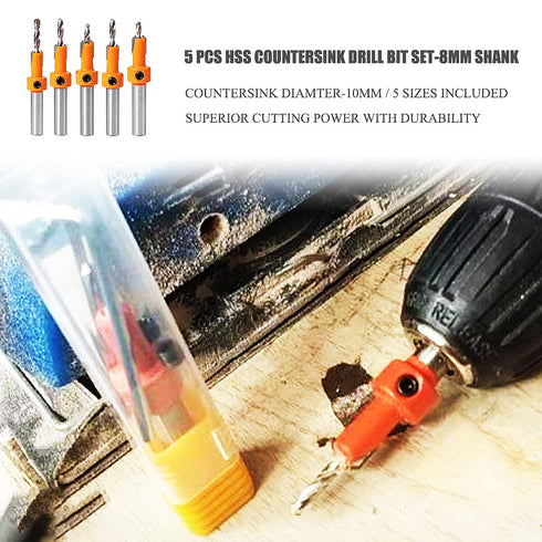 Countersink Drill Bit Set for Wood with Hex Key Wrench, 8mm Shank, 10mm Countersink Diameter, 5pcs Timber Carpentry