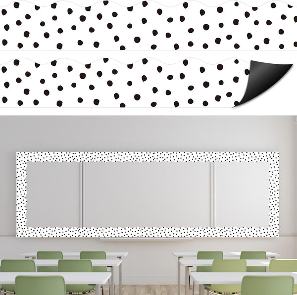 Whaline 24Pcs Magnetic Classroom Bulletin Board Border - Reusable Black White Polka Dot Scalloped Magnetic Strip