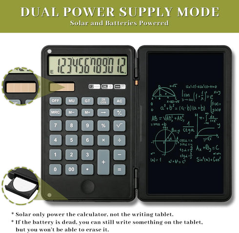 Basic Calculator, 12-Digit Premium Mute Desktop Calculator with 6 inch Writing Tablet, Solar and Battery Dual Power