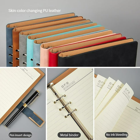 Leather Journal Refillable Notebook, A5 Binder 6 Ring, Thick Lined Journal Ruled Notebook, Magnetic Buckle Closure,
