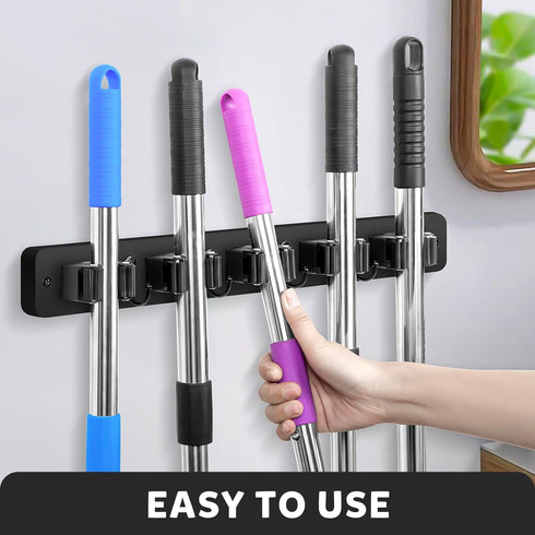 IMILLET Wall Mount Broom Holder, Wood Organizer with 5 Racks and 4 Hooks for Laundry Room and Home Storage