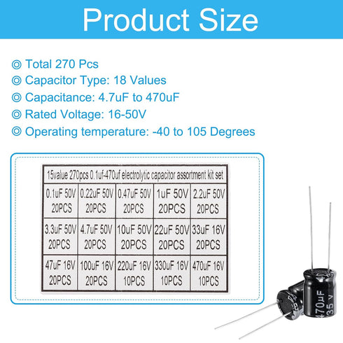 PATIKIL 18 Values Aluminum Electrolytic Capacitor Assortment Kit, 270 Pcs Low Impedance with Storage Box