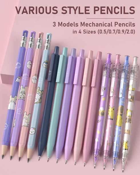 Nicpro 47PCS Aesthetic School Supplies in Big Capacity Pen Case, Cute Pastel Mechanical Pencils 0.5, 0.7, 0.9 & 2mm Lead