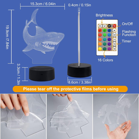 3D 16 FULLOSUN Shark Illusion Night Light Animal Touch Table Desk Lamp, with Remote Control Colors Optical USB LED