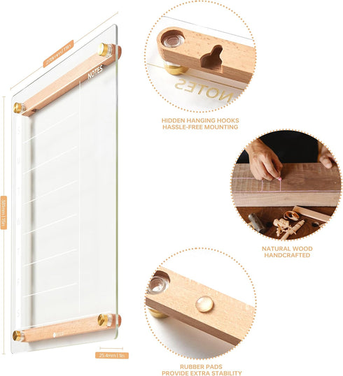Clear Glass Weekly Dry Erase Calendar Whiteboard, 15x11" Menu & Meal Planner for Home Kitchen, Wood Marker Holder and 4