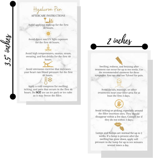 Hyaluron Pen Filler Aftercare Instruction Card, 50 Pack, Physical Printed Business Card Size, Marble Look Design