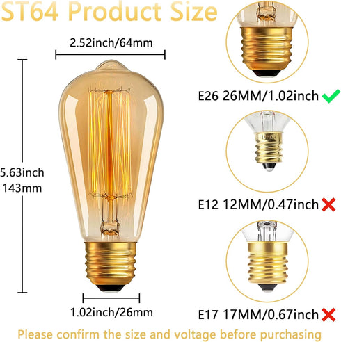 Sevici Bulbs 110V 60W 6 Pack, ST64 Bulb 280LM 2200K Dimmable E26/E27 Bulbs Bulbs Antique Edison Light Decorative