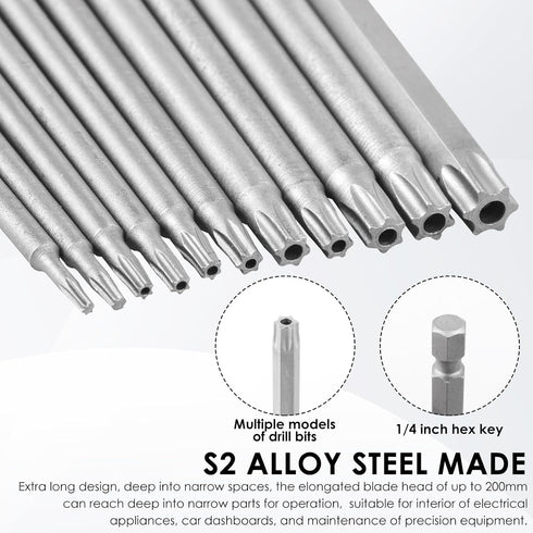 23pcs Set, Set (11x4" 11x8") T6-T40 S2 Torx Screwdriver Tamper Proof Torx Bit + With Bit Holder Ultra-Long Security