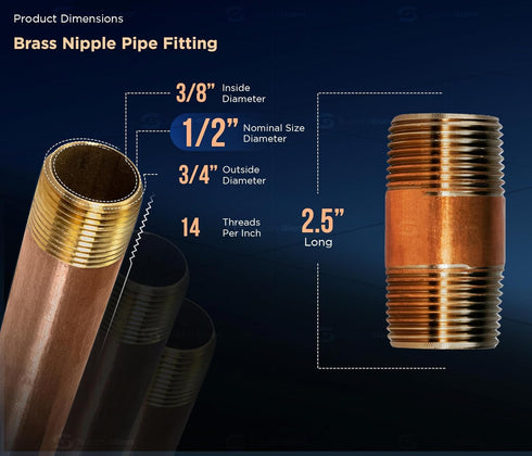 Everflow Supplies NPBR1225 Brass Nipple Pipe Fitting, 2-1/2" Long, 1/2" Nominal Diameter