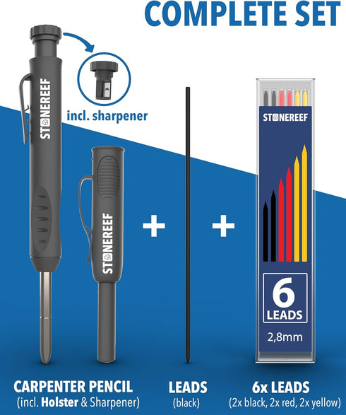 STONE REEF Set 7 Carpenter Pencil with Sharpener & Refills Deep Hole Marker Mechanical Pencil for Wood, Metal & Plastic