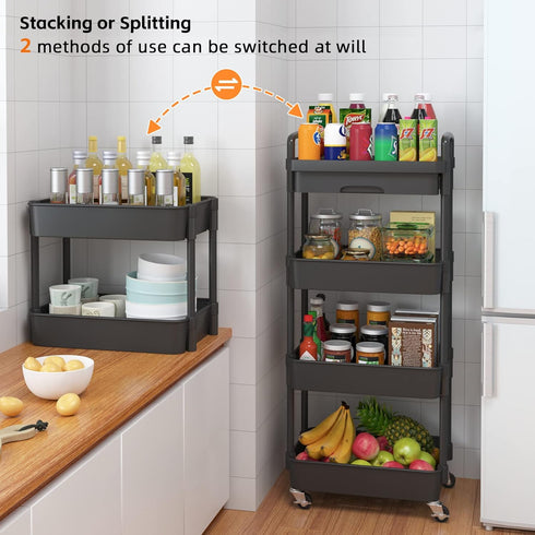 Calmootey 4-Tier Rolling Utility Cart with Drawer, Multifunctional Storage Organizer for Kitchen, Bathroom, Living
