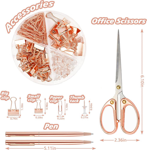 UPIHO Rose Gold Office Supplies Set, Stapler and Tape Dispenser with Clips, Scissors, and Sticky Notes