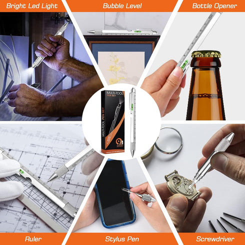 9 1 in Multi-Tool Pen for Men, Tools with Ballpoint Pen, Screwdrivers, LED Light, Ruler, Stylus, Bubble Level
