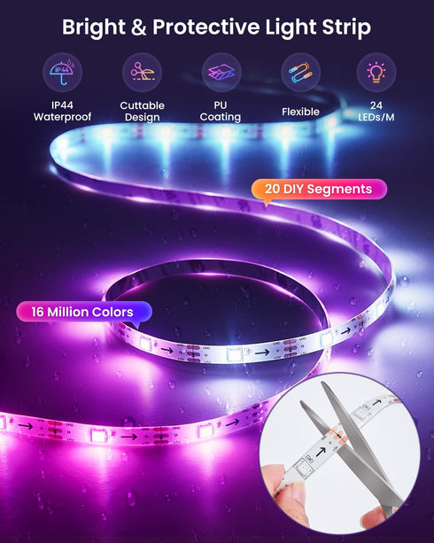 9.84ft 32-43 Inch 44 LED Lights for TV, RGB+IC TV Lights Backlight Strip Behind, with Scene Modes, Bluetooth APP