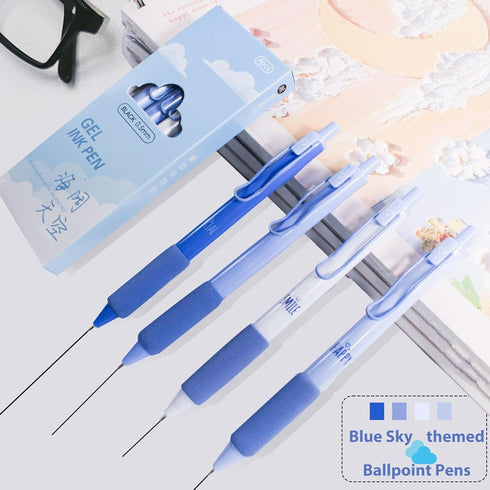 Cute Blue Sky Retractable Ballpoint Pens, Fine Point 0.5mm, Black Ink, 4-Count Pack for School Office Supplies