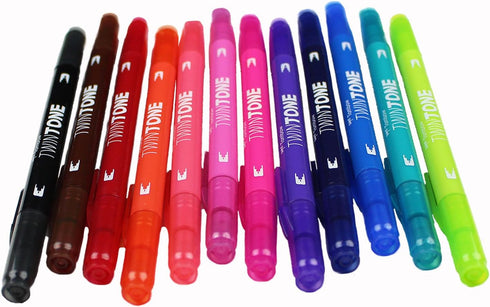 Tombow 61500 Twintone Marker Set, 12-Pack Bright Double-Sided Markers for Bold and Precise Writing