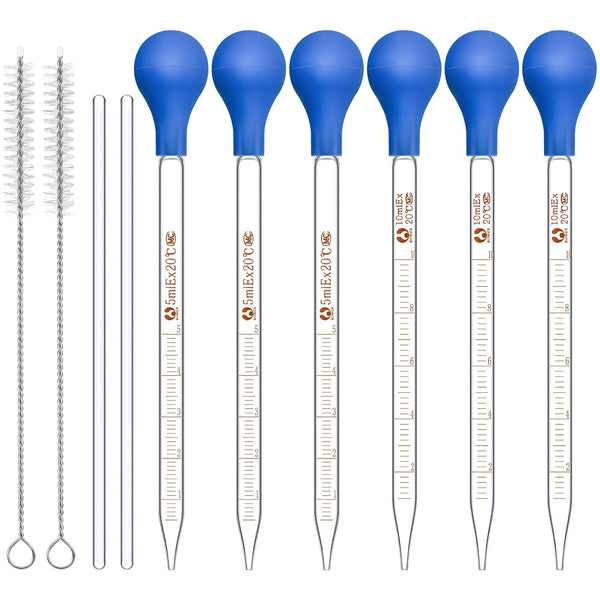 Weewooday Glass Droppers Pipettes with Big Rubber Hats, 20 cm Glass Stir Rod, 16 Pieces, Blue, 5 ml, 10 ml