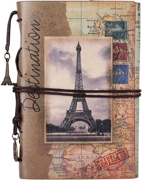 Retro Soft PU Leather Cover Loose-Leaf Journal, Travelers' Notebook, Leather Writing Journal with Eiffel Tower Design