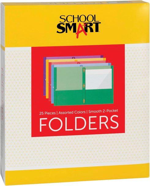School Smart Smooth 2-Pocket Folder with Fasteners, Assorted Colors, Pack of 25