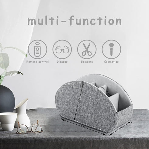 TV Remote Holder Tray with 5 Compartments, PU Leather Caddy for Media Remote Storage, Glasses, Makeup Brush (Grey)