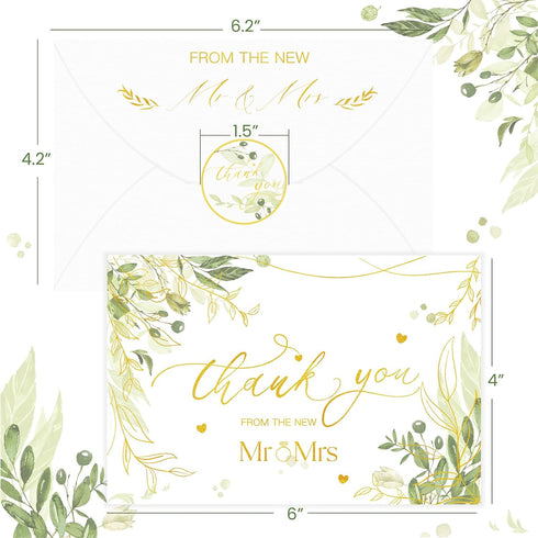 Braveriky 100 Pack 4x6 Wedding Thank You Cards with Envelopes & Stickers from the New Mr and Mrs - Watercolor Olive