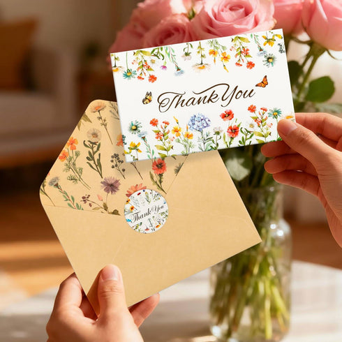 ROLYTA 24 Pack Floral Thank You Cards with Envelopes, Blank Inside Wildflower Note Cards with Stickers for Wedding