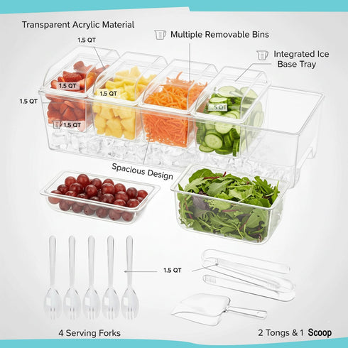 Seeshu Condiment Server Clear Acrylic Condiment Caddy with Ice Chamber, Removable Food Containers & Lids