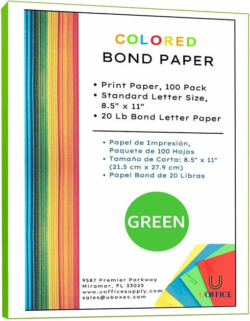 8.5" 11", 20lbs, 100 Colored Bond Paper Bundle x Pages, Green