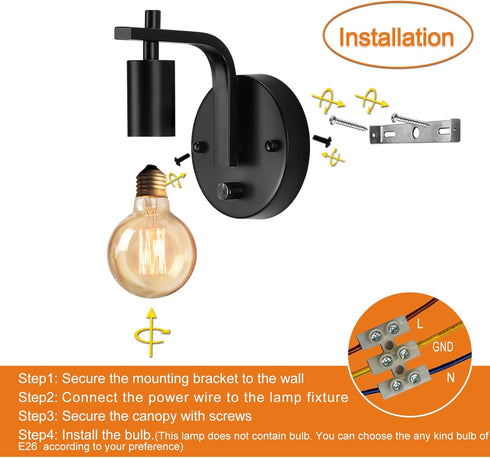 Glighone Dimmble E26 Black Wall Sconce with Switch, Wall Lamp, Wall Mounted Bedside Lamps, Retro Wall Light Industrial