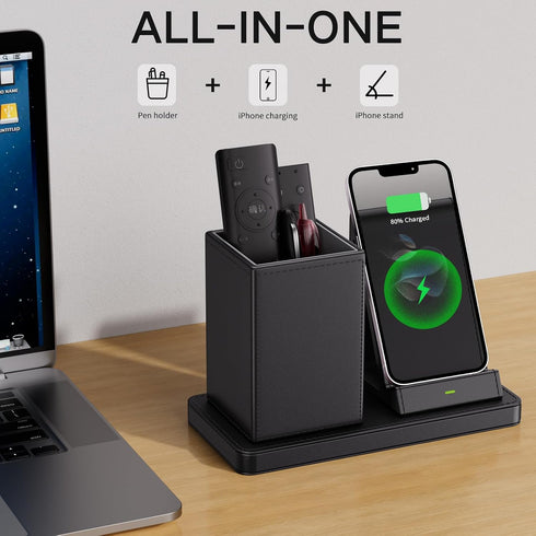 Multi-Functional Pen Holder for Desk,Black Vegan Leather Desk Organizers with Remote Control Holder,Pencil Holder
