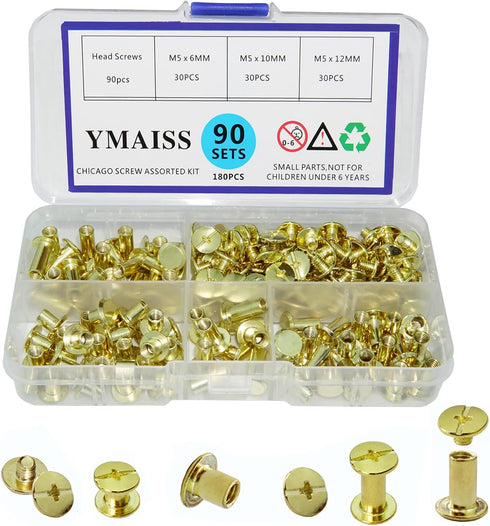 YMAISS Brass Plated Chicago Screws 90 Sets, 1/4, 3/8, 1/2in, Gold Binding Screw Posts for Bookbinding and Leather