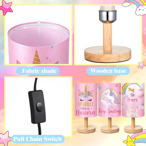 Tujoe 3 Pcs Interchangeable Unicorn Bedside Table Lamp Fabric Nightstand Table Lamp for Kids Room Desk Reading Bedroom