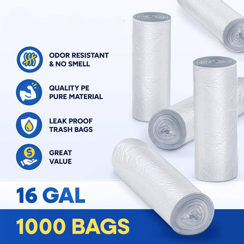 Plexon 12-16 24" 31" 6 Pack 1000, Gallon Clear Trash Bags, x High-Density Garbage Can Liners, Micron, Unscented, Bulk