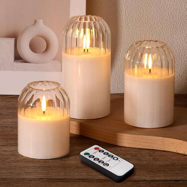 Clear Glass Flameless Candles with Remote, Flickering LED Pillar Candles Battery Powered