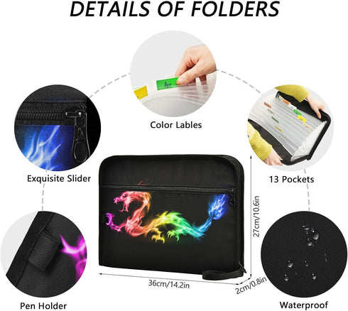 Fire Rainbow Dragon Expanding File Folder, 13 Pockets Accordion Organizer with Sticky Labels for A4 Documents