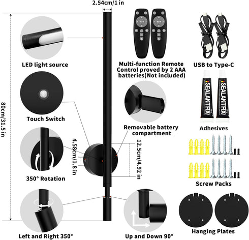 Set 2 BUTHY Battery Operated Wall Sconce of with Reading Spotlights, RGB Rechargeable LED Wall Lights with Remote